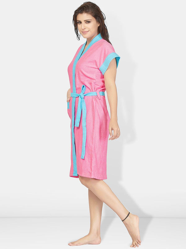 Be You Pink Solid Cotton Drawstring Knee Length Bath Robe-L/XL