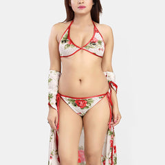 Be You Women Floral Printed Satin Robe & Lingerie Set Nightdress
