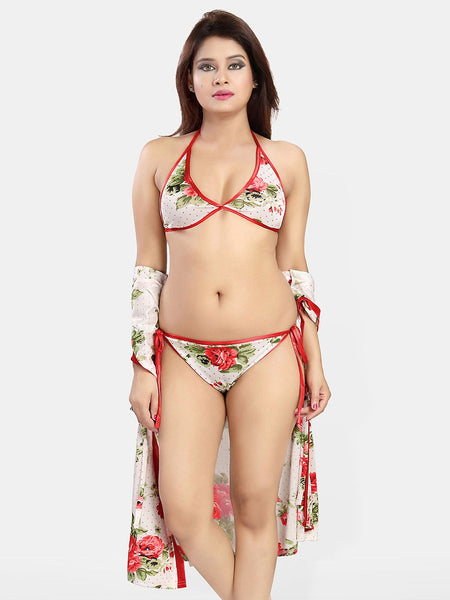 Be You Women Floral Printed Satin Robe & Lingerie Set Nightdress