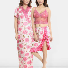 Be You Floral Self Design Satin Cami With Skirt & Robe