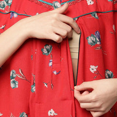 Be You Women Red & White Printed Maxi Maternity Nightdress