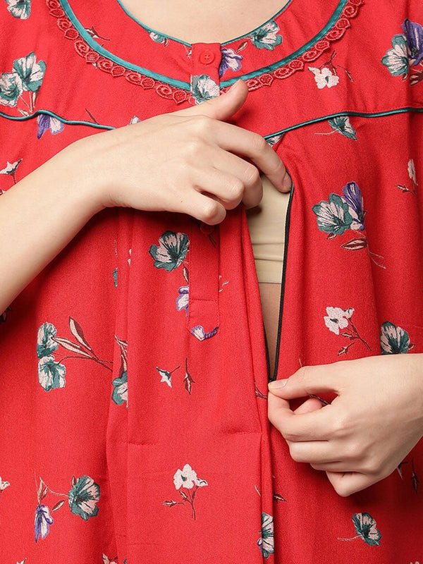 Be You Women Red & White Printed Maxi Maternity Nightdress