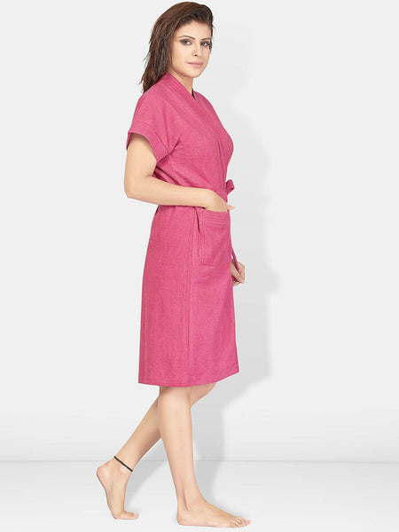 Be You Pink Solid Cotton Drawstring Knee Length Bath Robe