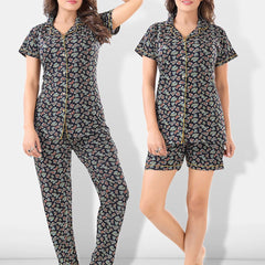 Be You Women Black & Blue Printed Pajama & Shorts with Shirt Night Suits