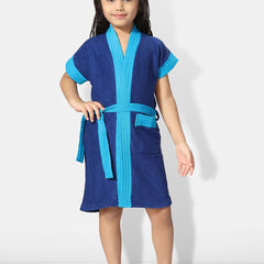 Be You Two-Tone Blue Solid Cotton Drawstring Knee Length Bath Robe
