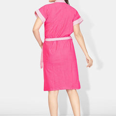 Be You Pink Solid Cotton Drawstring Knee Length Bath Robe-L/XL