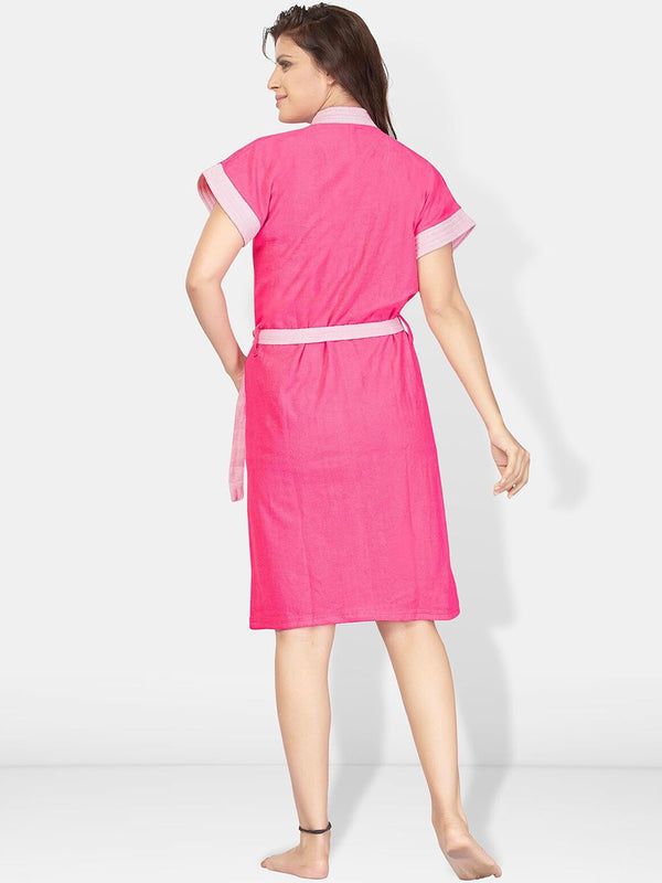 Be You Pink Solid Cotton Drawstring Knee Length Bath Robe-L/XL