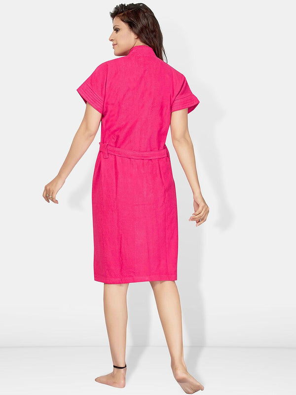 Be You Pink Solid Cotton Drawstring Knee Length Bath Robe-L/XL