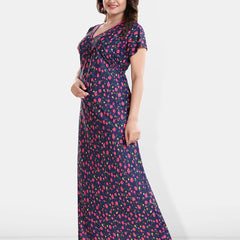 Be You Floral Printed V-Neck Satin Maternity Maxi Nightdress