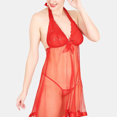 Be You Self Design Halter Neck Tie-Ups Net Baby Doll With Brief