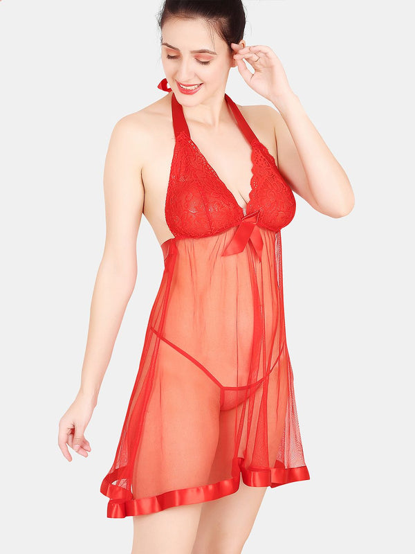 Be You Self Design Halter Neck Tie-Ups Net Baby Doll With Brief