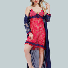 Be You Solid Lace Details Satin Nighty with Robe