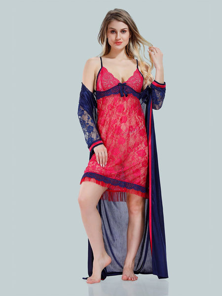 Be You Solid Lace Details Satin Nighty with Robe
