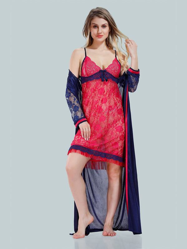 Be You Solid Lace Details Satin Nighty with Robe