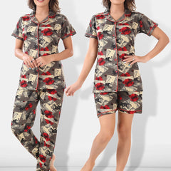 Be You Women Brown & Red Printed Lapel Collar Night Suits