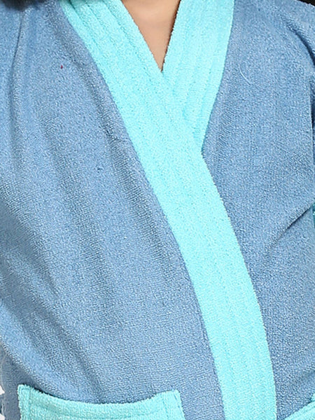 Be You Two-Tone Blue Solid Cotton Drawstring Knee Length Bath Robe