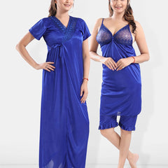 Be You Shoulder Strap Neck Satin Night Suit With Robe