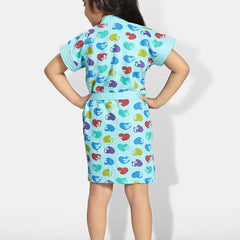 Be You Hearts Blue Conversational Cotton Drawstring Knee Length Bath Robe