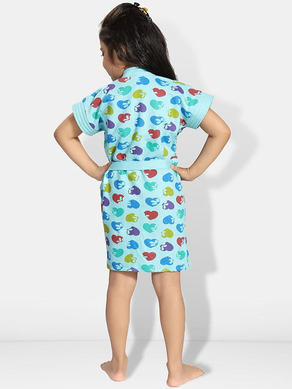 Be You Hearts Blue Conversational Cotton Drawstring Knee Length Bath Robe