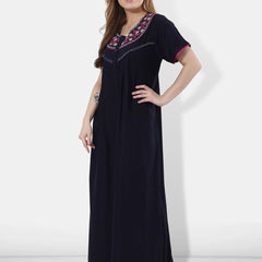Be You Women Navy Blue Embroidered Maxi Nightdress