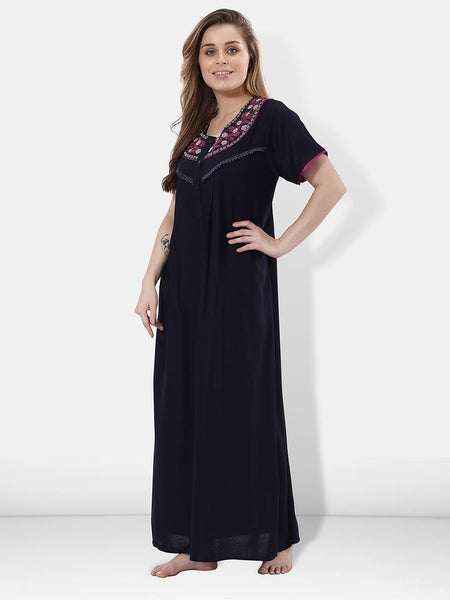 Be You Women Navy Blue Embroidered Maxi Nightdress