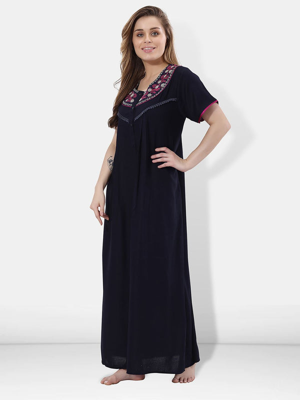 Be You Women Navy Blue Embroidered Maxi Nightdress