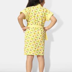 Be You Strawberry Printed Yellow Conversational Cotton Drawstring Knee Length Bath Robe