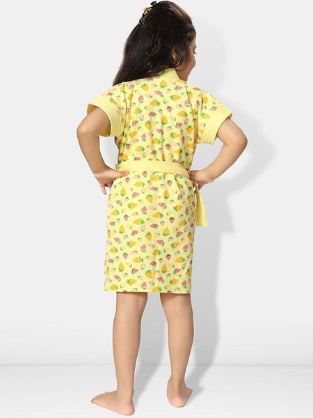 Be You Strawberry Printed Yellow Conversational Cotton Drawstring Knee Length Bath Robe