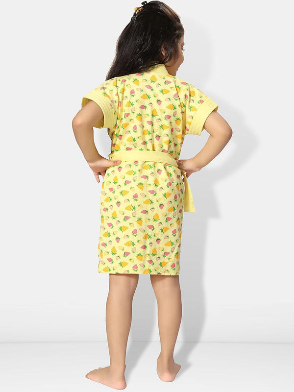 Be You Strawberry Printed Yellow Conversational Cotton Drawstring Knee Length Bath Robe