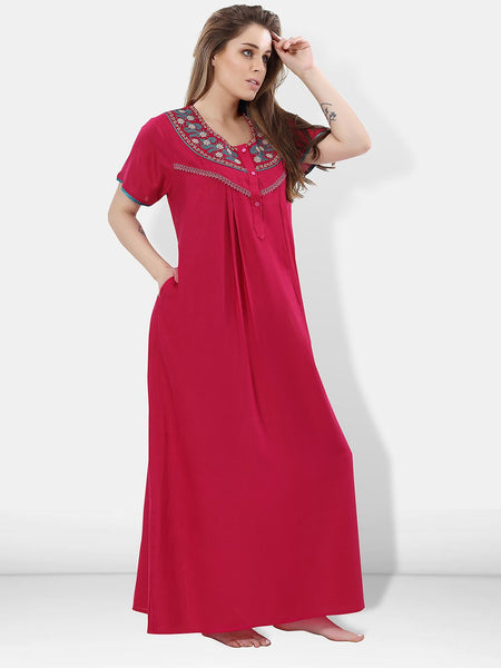 Be You Women Pink Embroidered Maxi Nightdress
