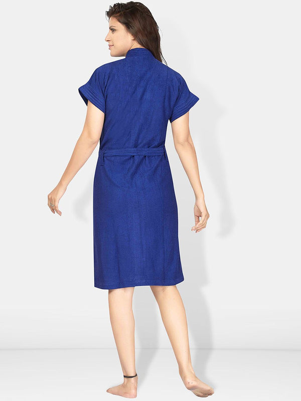 Be You Blue Solid Cotton Drawstring Knee Length Bath Robe-L/XL