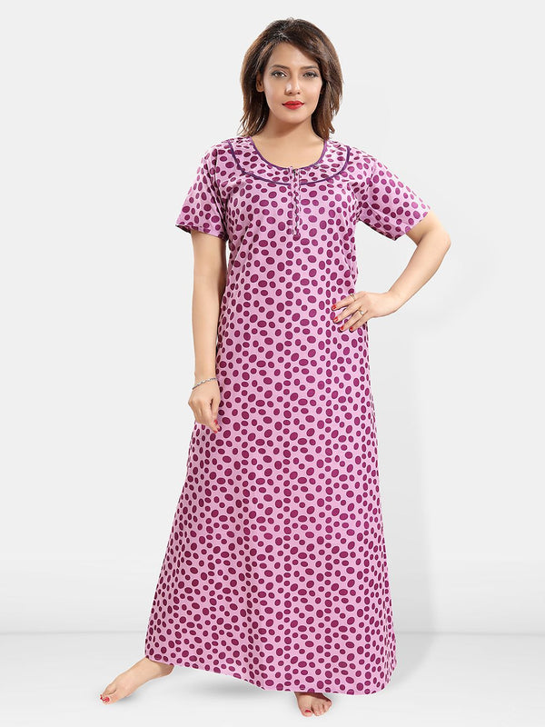 Be You Polka Dots Printed Round Neck Pure Cotton Maxi Nightdress
