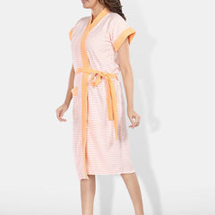Be You Peach Striped Cotton Drawstring Knee Length Bath Robe-2XL