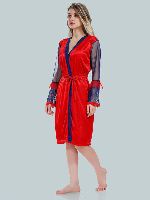 Be You Solid Lace Details Satin Nighty with Robe