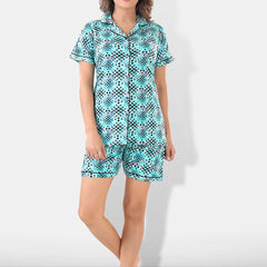 Be You Women Turquoise Blue & Black Printed Pajama & Shorts with Shirt Night Suits