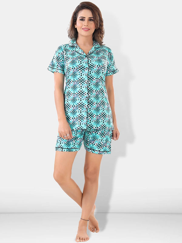 Be You Women Turquoise Blue & Black Printed Pajama & Shorts with Shirt Night Suits