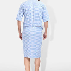 Be You Blue Striped Cotton Drawstring Knee Length Bath Robe-3XL