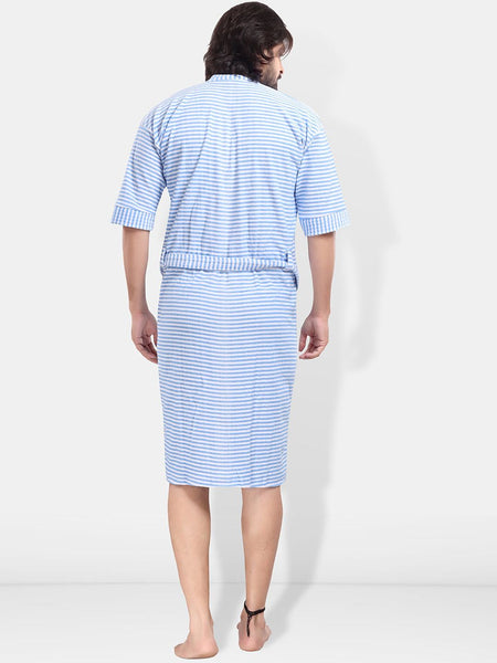 Be You Blue Striped Cotton Drawstring Knee Length Bath Robe-3XL