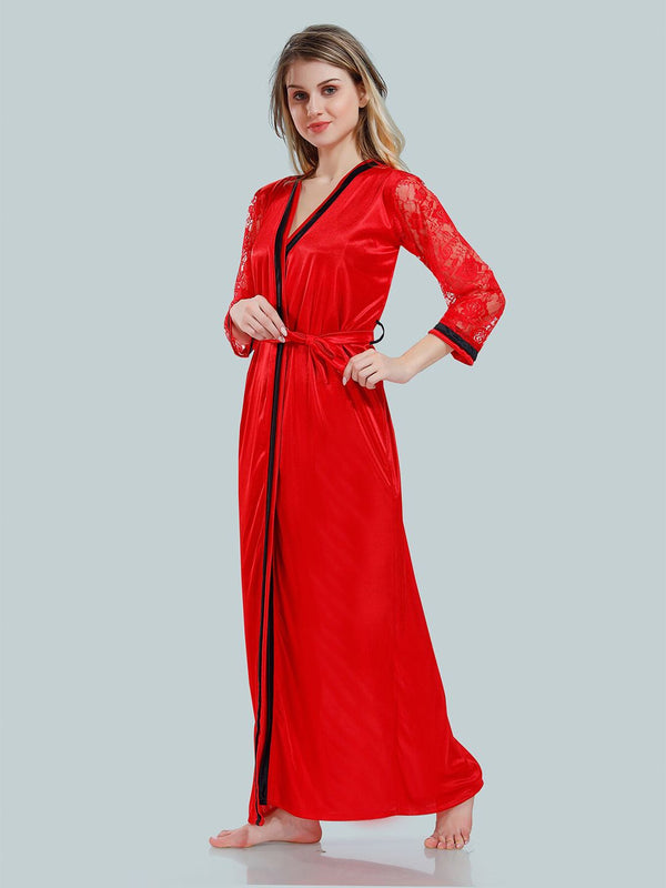 Be You Solid Lace Details Satin Nighty with Robe