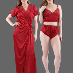 Be You Women  Maroon  Solid Satin 3 Piece Nightwear Set