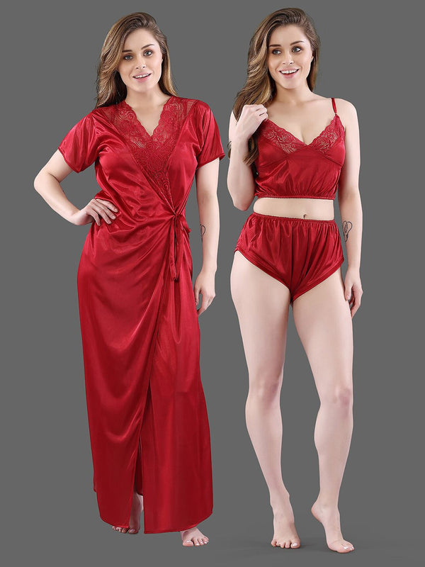 Be You Women  Maroon  Solid Satin 3 Piece Nightwear Set