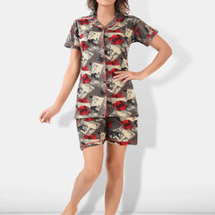 Be You Women Brown & Red Printed Lapel Collar Night Suits