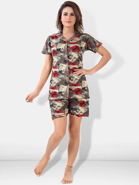 Be You Women Brown & Red Printed Lapel Collar Night Suits