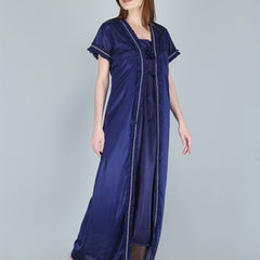Be You Women Navy Blue Maxi Satin Nightdress