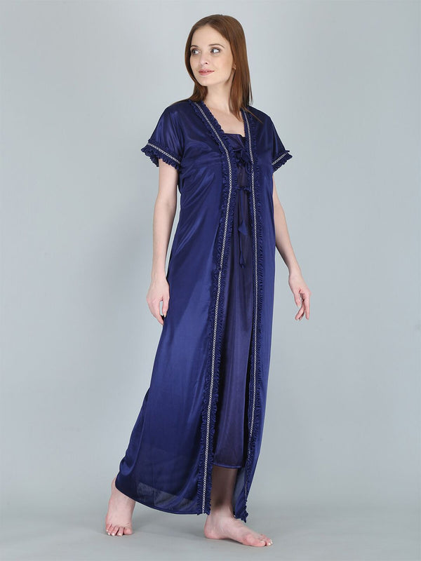 Be You Women Navy Blue Maxi Satin Nightdress