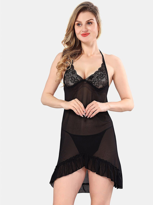 Be You Halter Neck Net Baby Doll With Briefs