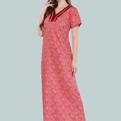 Be You Women Peach-Coloured Printed Maxi Nightdress