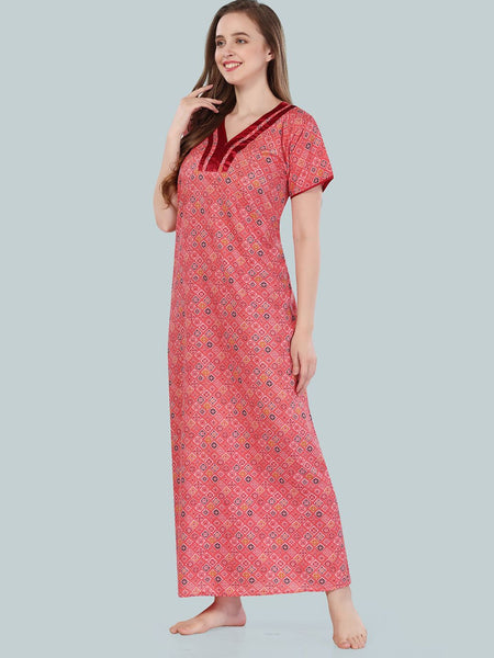 Be You Women Peach-Coloured Printed Maxi Nightdress