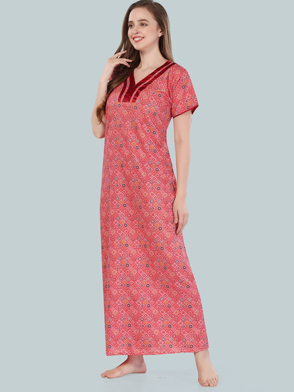 Be You Women Peach-Coloured Printed Maxi Nightdress