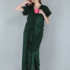 Be You Women Green Solid Satin Maxi Nightdress With Robe